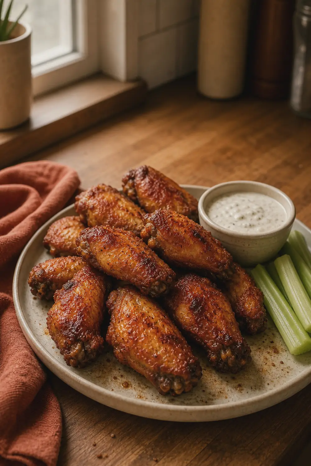 Finished deeply golden crispy chicken wings piled on a cream plate