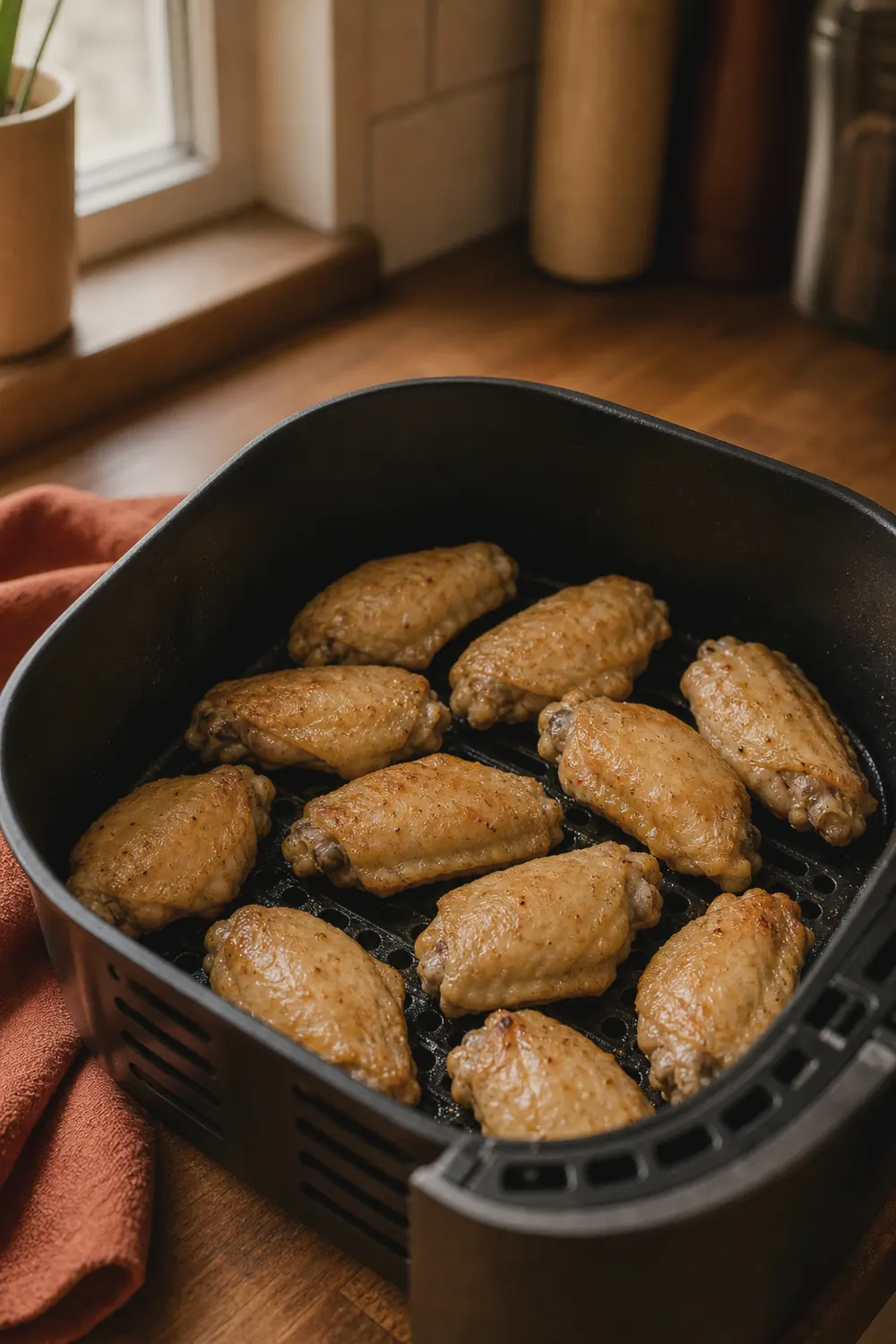 Partially cooked chicken wings turning golden in the air fryer basket mid-cook