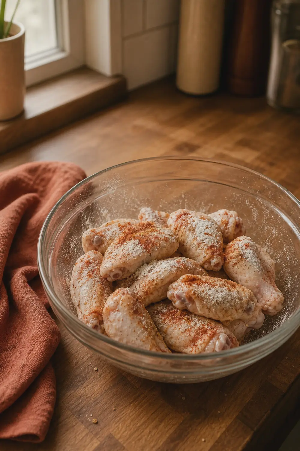 Raw chicken wings tossed with baking powder and spices in a bowl on a warm-toned countertop