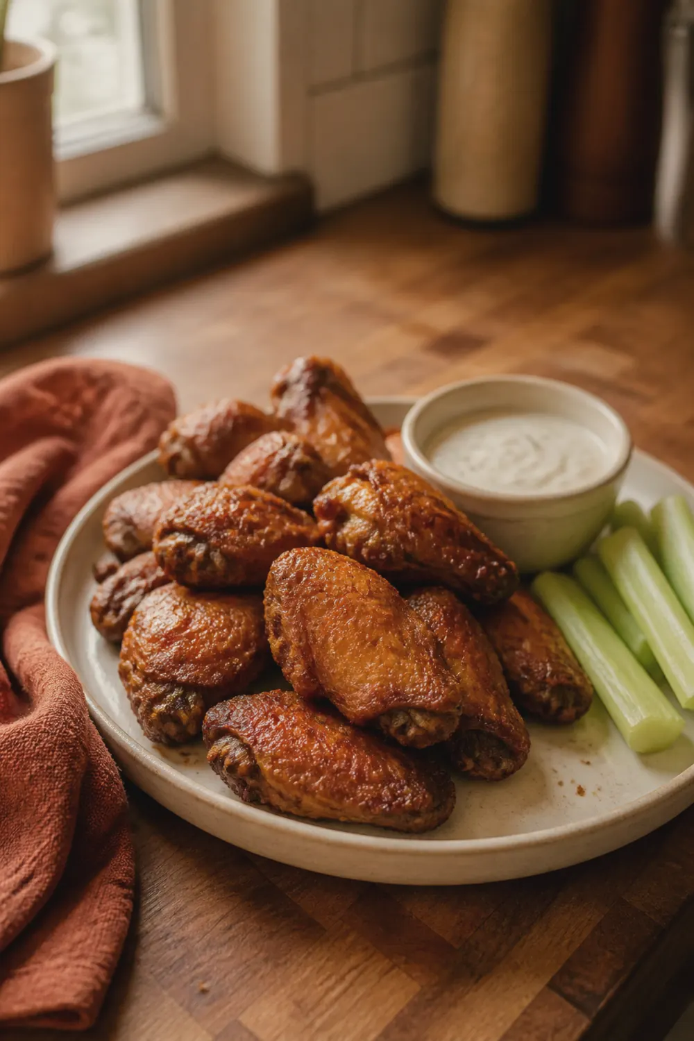 A pile of deeply golden, crispy air fryer chicken wings glistening on a cream plate with a small bowl of dip and celery sticks alongside