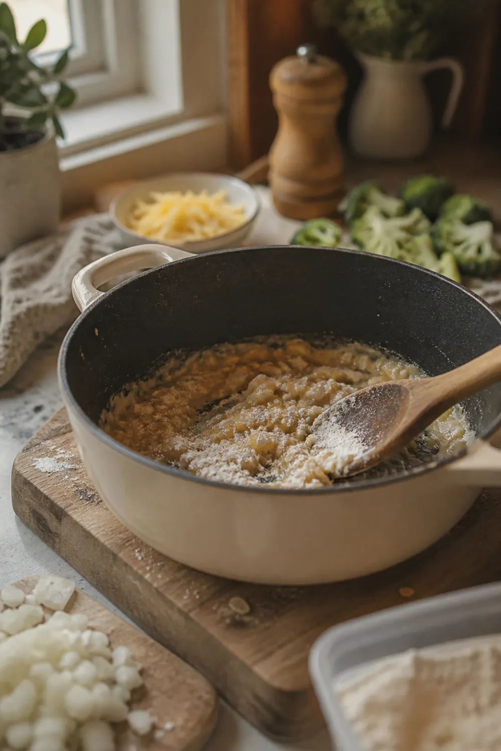 Butter, diced onion, and flour cooking together in a Dutch oven, forming a golden roux with a wooden spoon resting in the pot