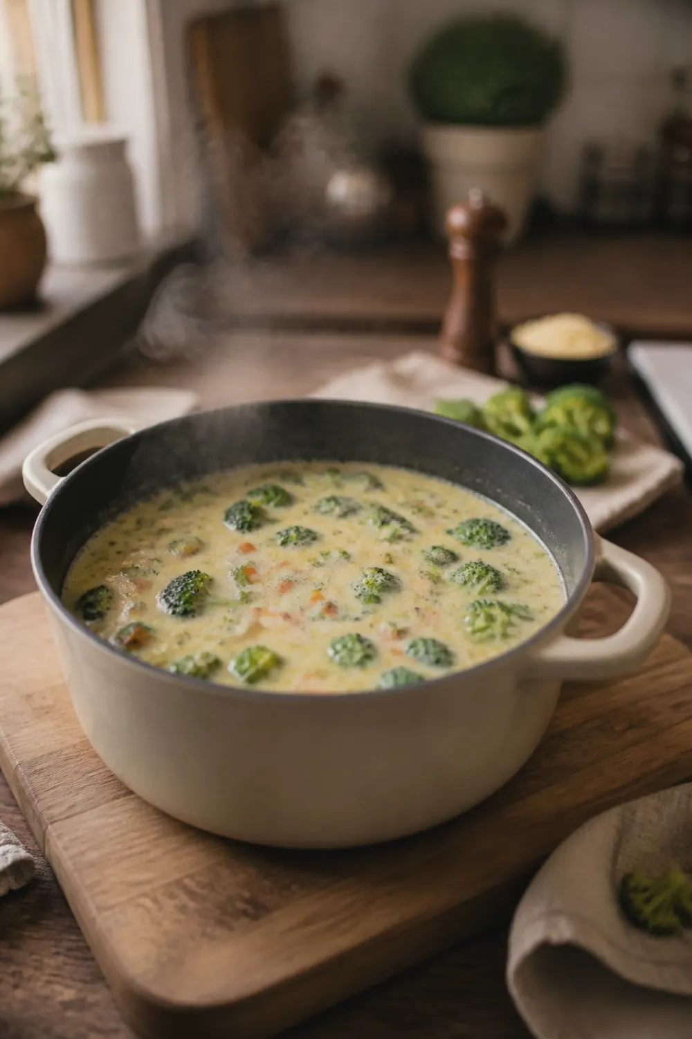 Dutch oven filled with creamy broth simmering with bright green broccoli florets and small diced carrot pieces visible throughout