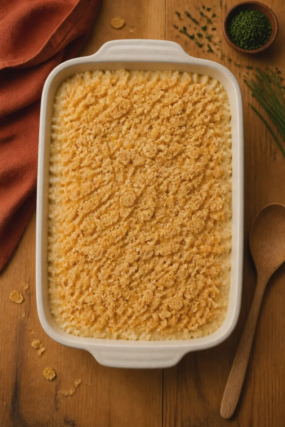 Hashbrown mixture spread in a white 9x13 baking dish and topped with an even layer of buttered crushed cornflakes before baking