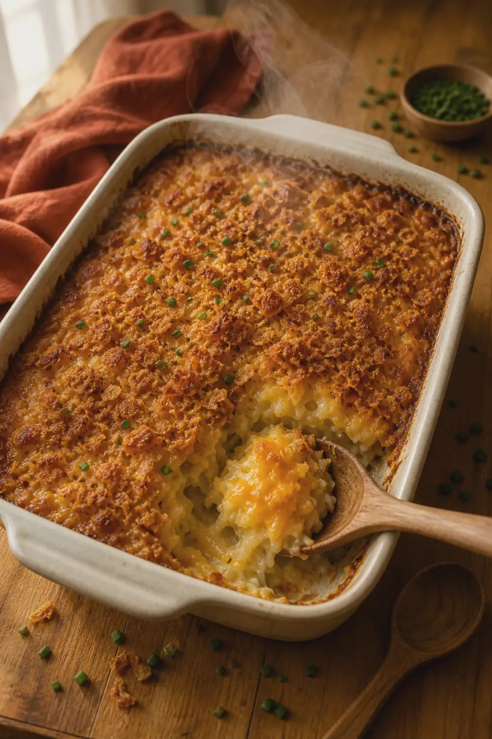 Finished cheesy hashbrown casserole with a golden bubbling cornflake crust, one corner scooped out to reveal creamy cheddar potatoes