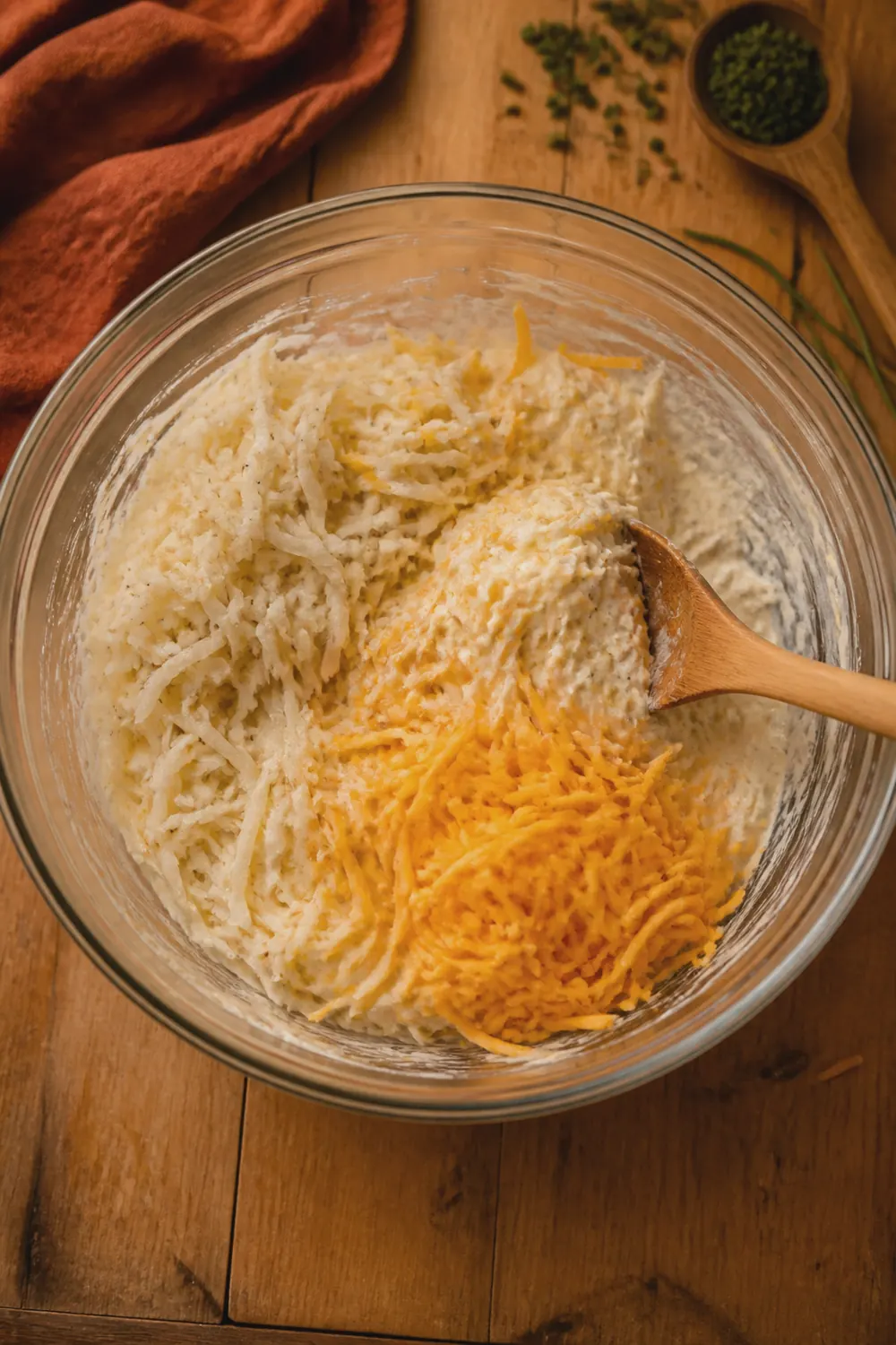Frozen shredded hash browns and shredded cheddar folded into a creamy sour cream and soup mixture in a large glass bowl