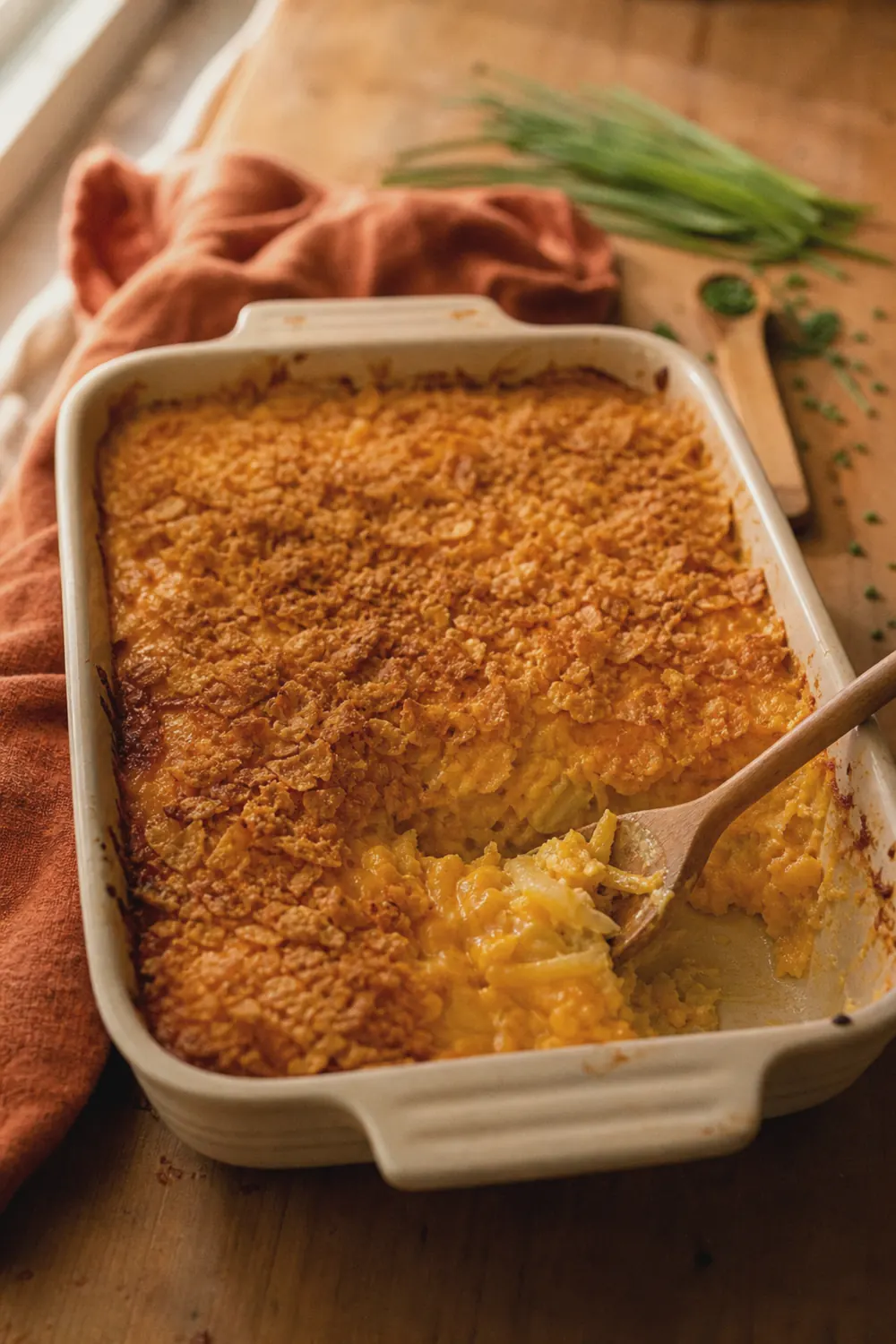 A golden-topped cheesy hashbrown casserole in a white baking dish, one corner scooped out to show creamy cheddar potatoes under a crunchy cornflake crust.