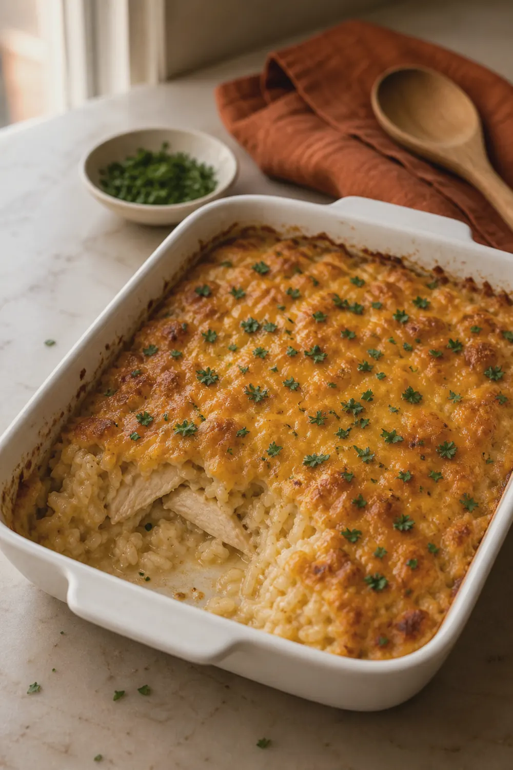 Finished baked chicken and rice casserole with melted golden cheese on top, one scoop removed to show the creamy rice