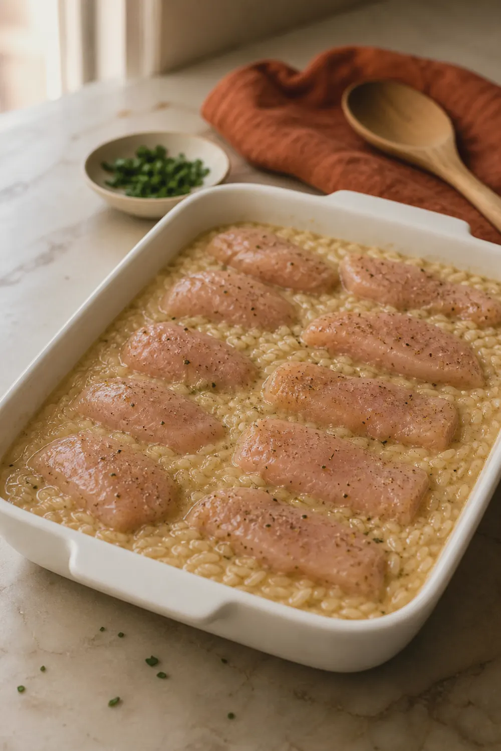 Raw seasoned chicken pieces nestled on top of the rice and sauce in a baking dish before going in the oven