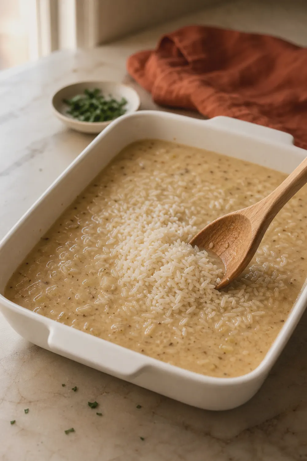 Uncooked white rice stirred into a creamy soup-and-broth sauce in a white baking dish