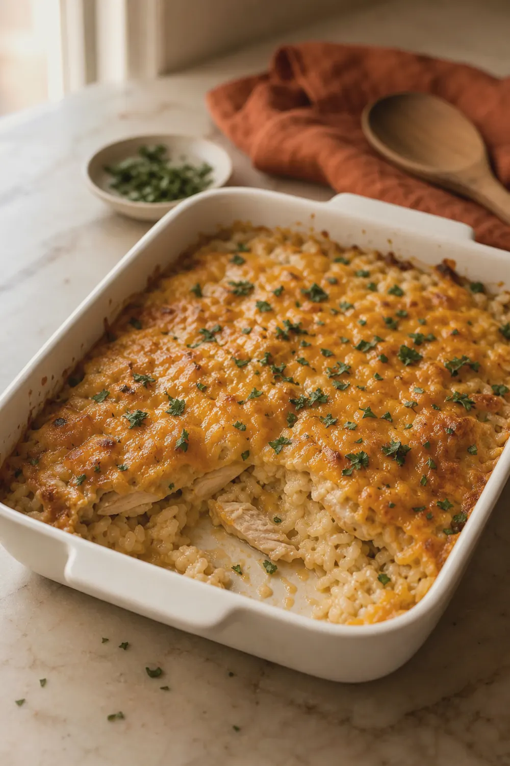 A golden-topped chicken and rice casserole in a white baking dish, one portion scooped out to show tender chicken over creamy fluffy rice