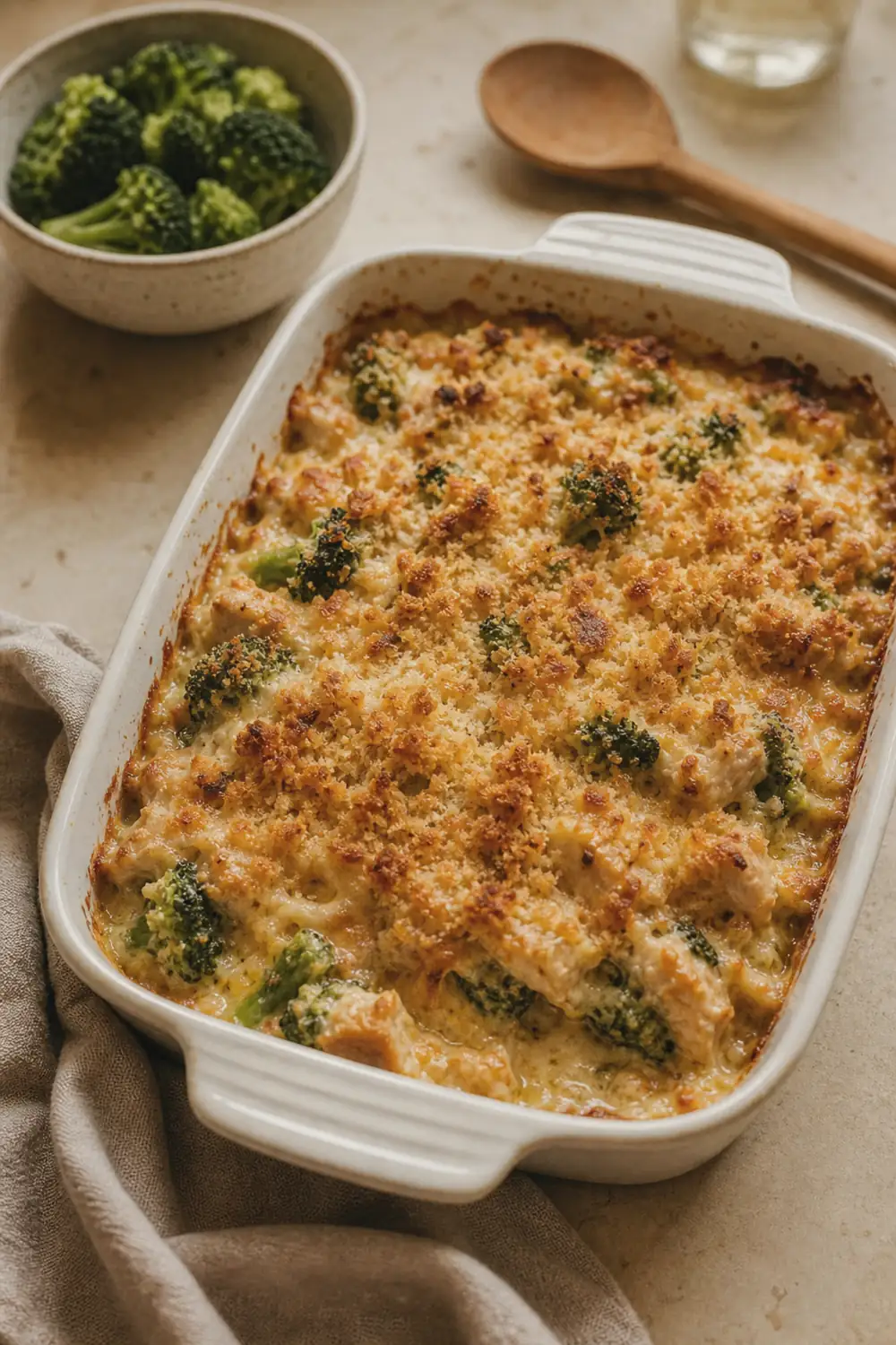 Finished golden chicken broccoli casserole fresh from the oven with a crisp browned breadcrumb topping