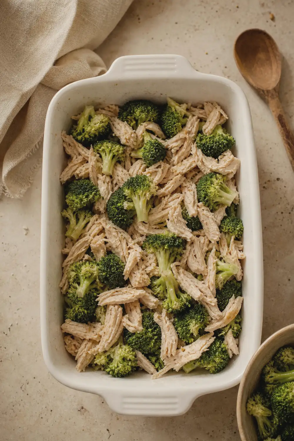 Fresh broccoli florets and shredded cooked chicken layered in a white baking dish before adding sauce