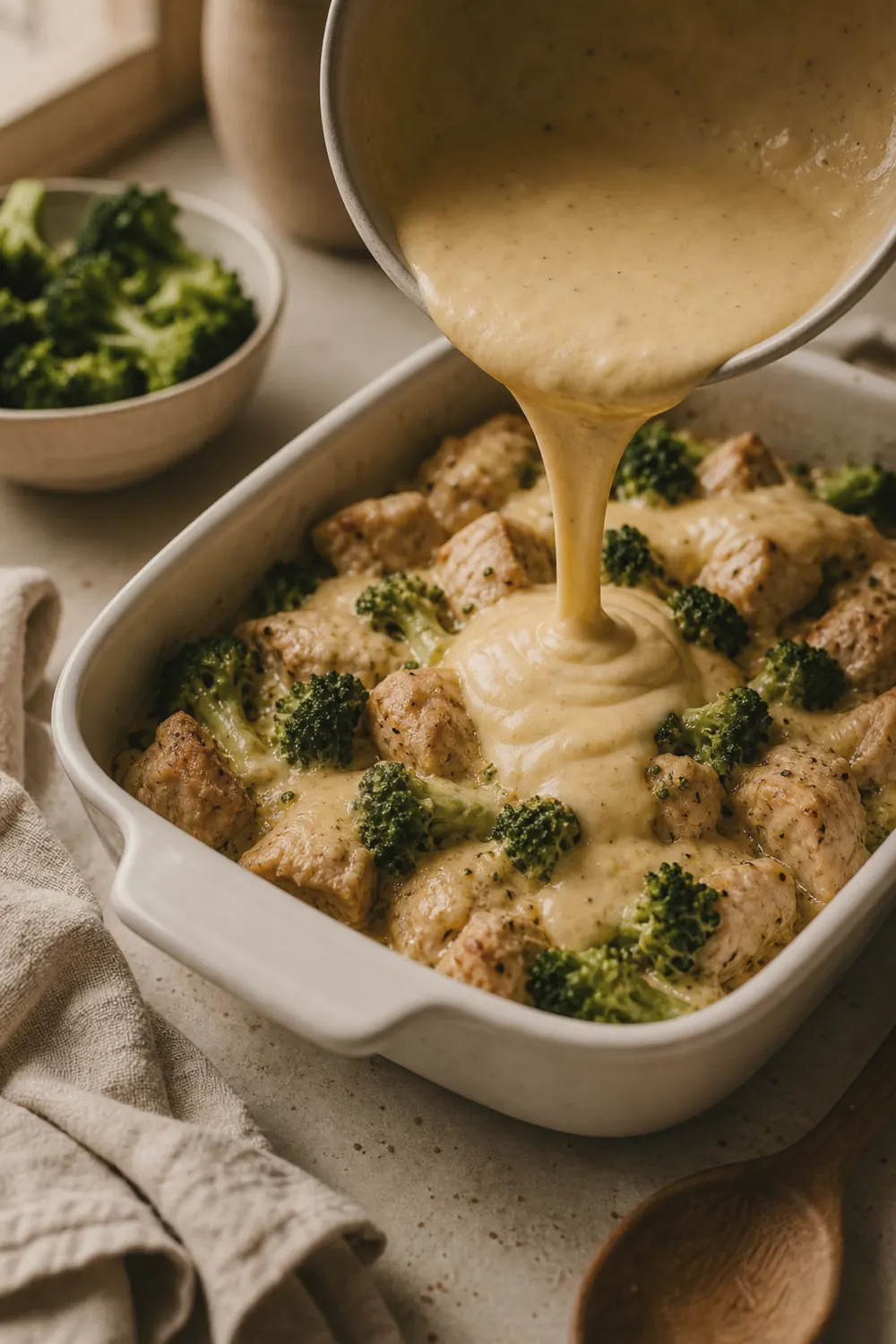 Creamy cheddar sauce being poured over chicken and broccoli in a baking dish