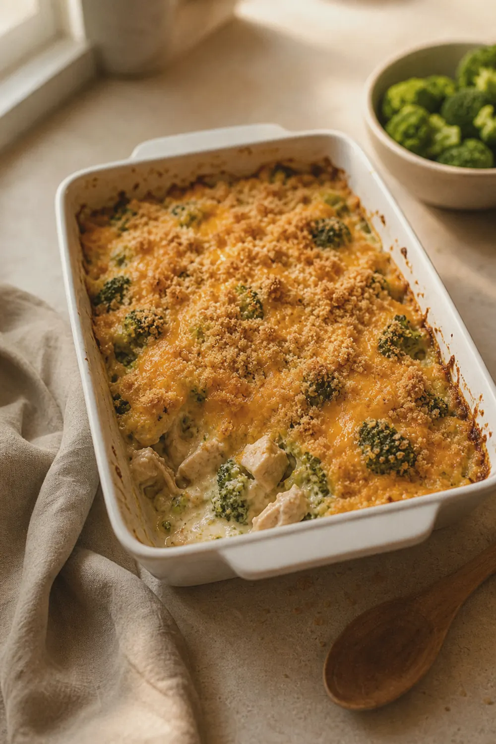 A creamy baked chicken broccoli casserole in a white dish, golden cheddar and breadcrumb topping, one scoop lifted to show broccoli and chicken