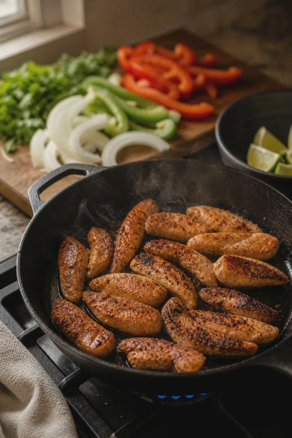 Seasoned chicken strips searing in a cast iron skillet with visible golden-brown crust forming on the bottom side, a few strips already flipped showing the charred surface