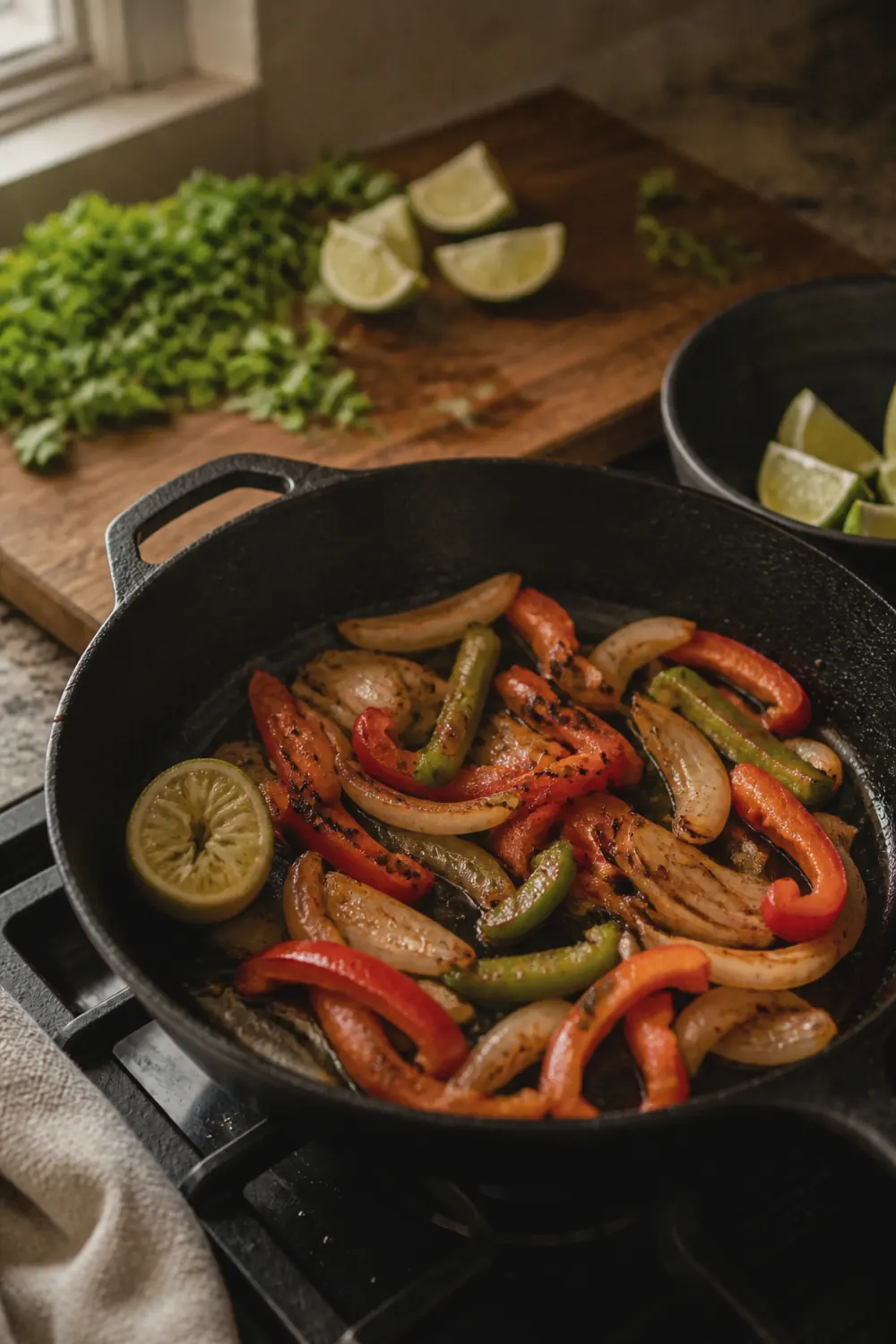 Sautéed sliced red and green bell peppers and onion half-moons in a cast iron skillet with charred edges and slight blistering, a lime half squeezed over the top