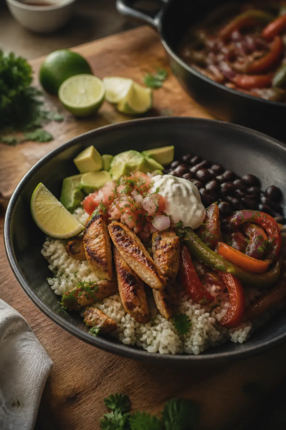 A chicken fajita bowl with seasoned sliced chicken, sautéed bell peppers and onions, cilantro lime rice, black beans, diced avocado, and a drizzle of sour cream in a dark ceramic bowl on a wooden cutting board with a lime wedge and fresh cilantro beside it.
