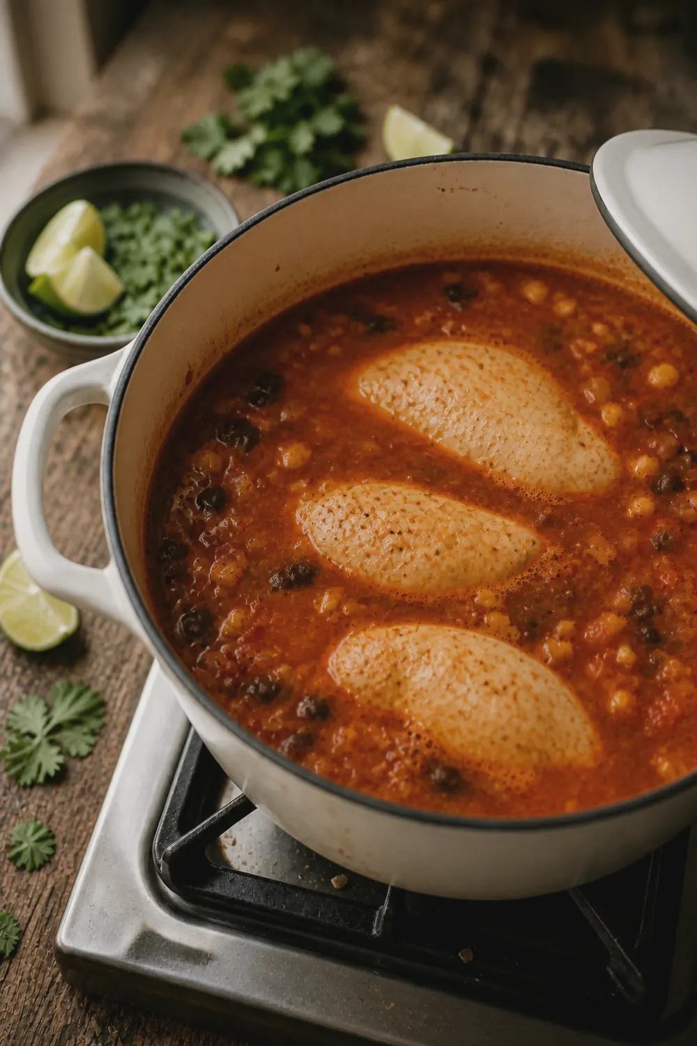 Chicken breasts simmering in the spiced tomato broth with black beans, corn, and diced tomatoes visible around the chicken in the Dutch oven