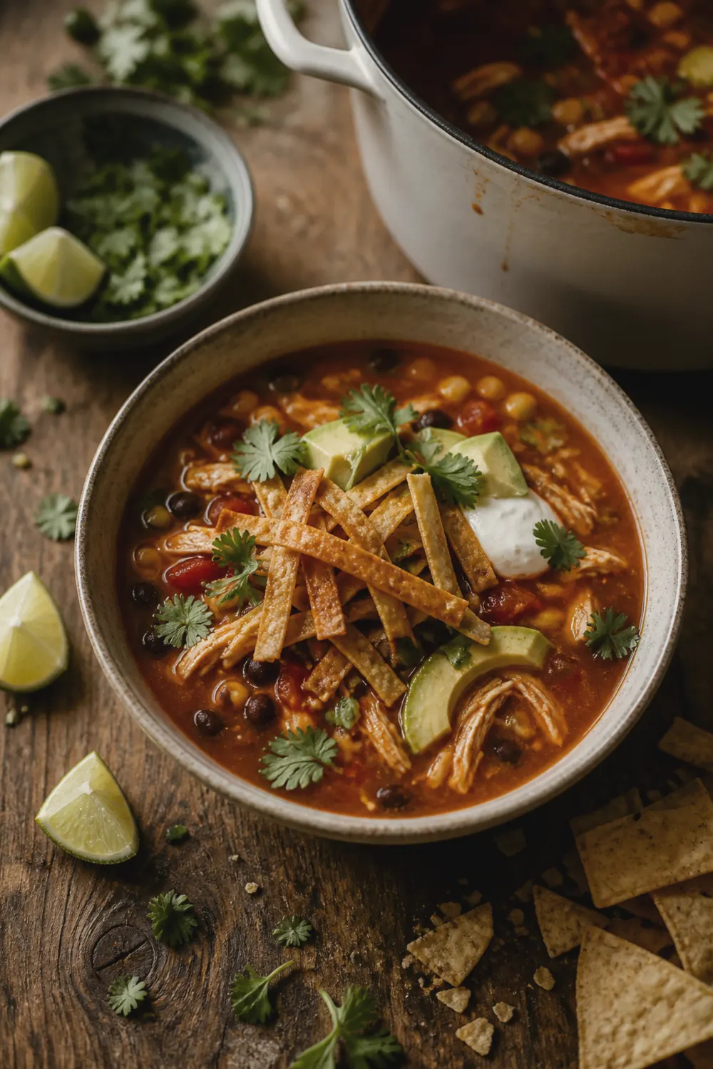 A bowl of chicken tortilla soup topped with crispy tortilla strips, sliced avocado, sour cream, and fresh cilantro, with lime wedges and extra tortilla chips on the side.