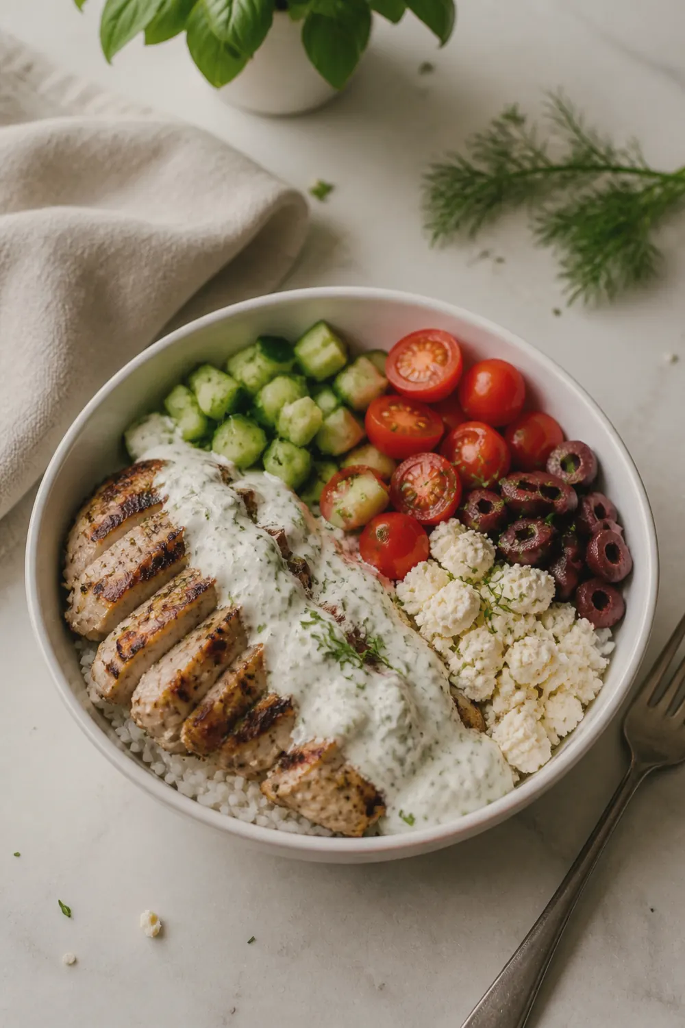 A fully assembled chicken tzatziki bowl viewed from above showing sliced grilled chicken fanned over white rice with sections of diced cucumber, halved cherry tomatoes, kalamata olives, and crumbled feta, with a thick drizzle of white tzatziki sauce across the chicken and a sprinkle of chopped fresh dill on top