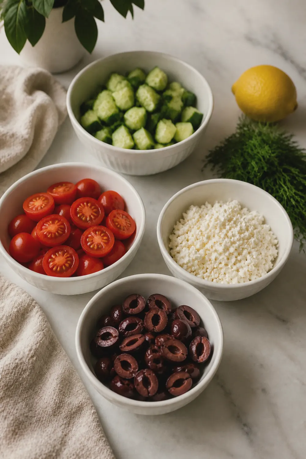 Diced cucumbers, halved cherry tomatoes, crumbled feta cheese, and halved kalamata olives arranged in small prep bowls on a marble countertop, with a whole lemon and a bunch of fresh dill beside them