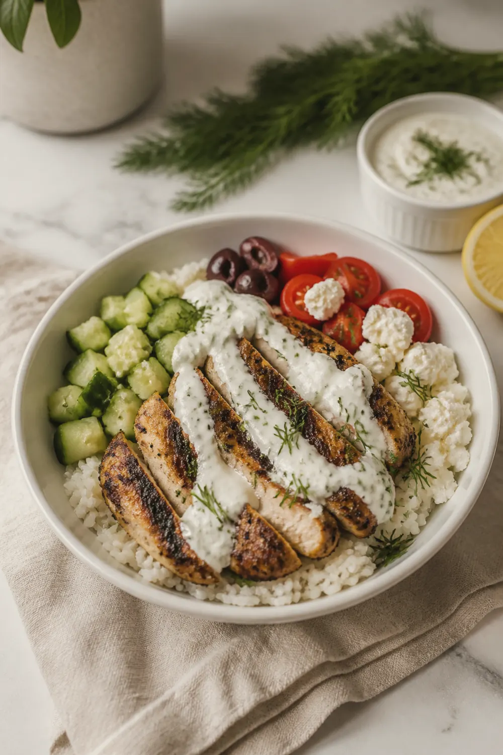 A chicken tzatziki bowl with sliced grilled chicken over white rice, topped with diced cucumbers, cherry tomatoes, kalamata olives, crumbled feta cheese, and a generous drizzle of white tzatziki sauce, served in a wide white bowl on a linen napkin with a lemon half and a small bowl of extra tzatziki beside it.