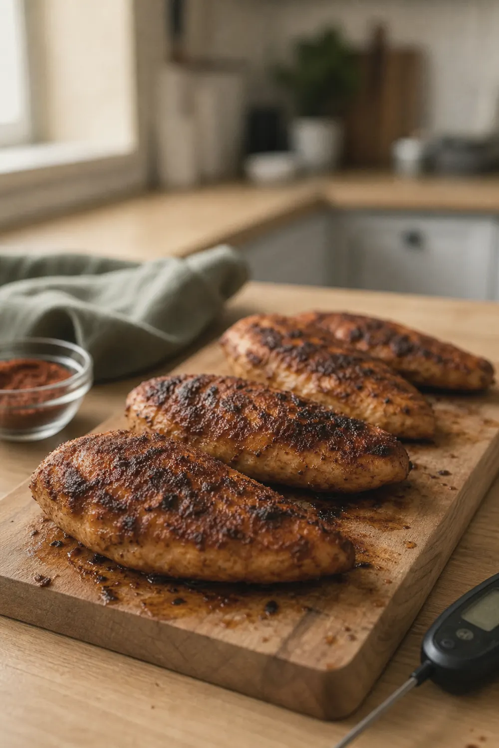 Cooked golden air fryer chicken breasts resting on a wooden board next to an instant-read thermometer