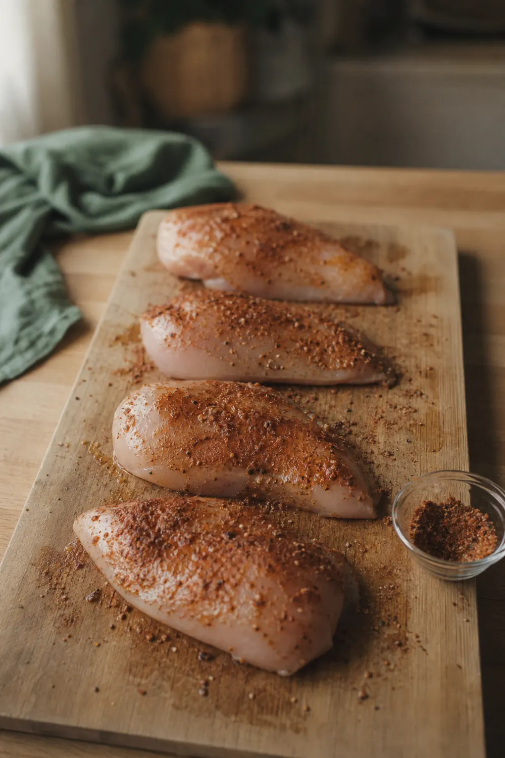 Raw chicken breasts on a wooden cutting board being coated with a smoked paprika spice rub