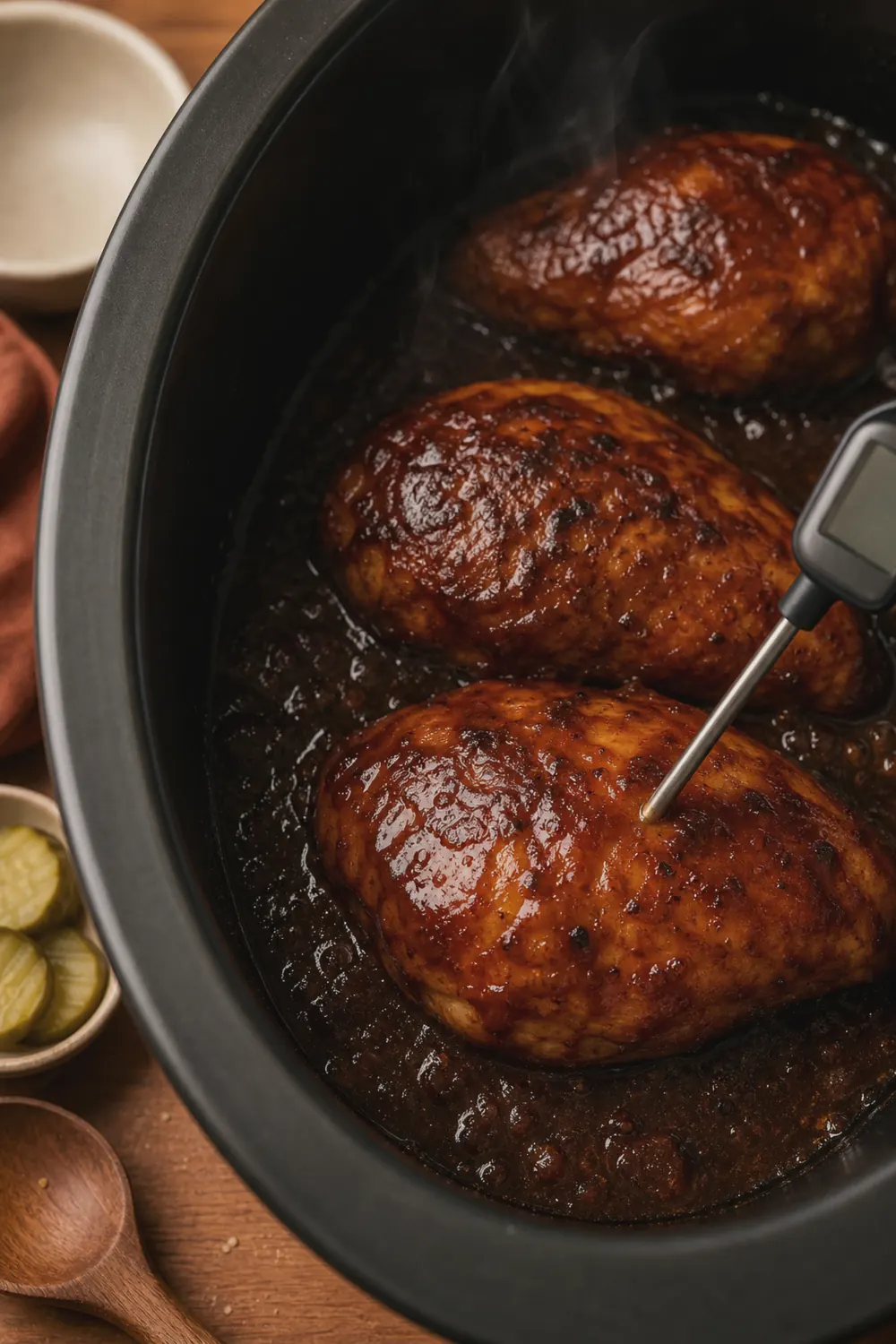 Cooked barbecue chicken breasts in the slow cooker turning tender in dark glossy sauce