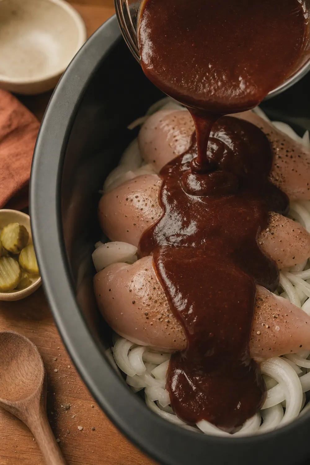 Raw chicken breasts layered over sliced onions in a slow cooker with barbecue sauce being poured over the top