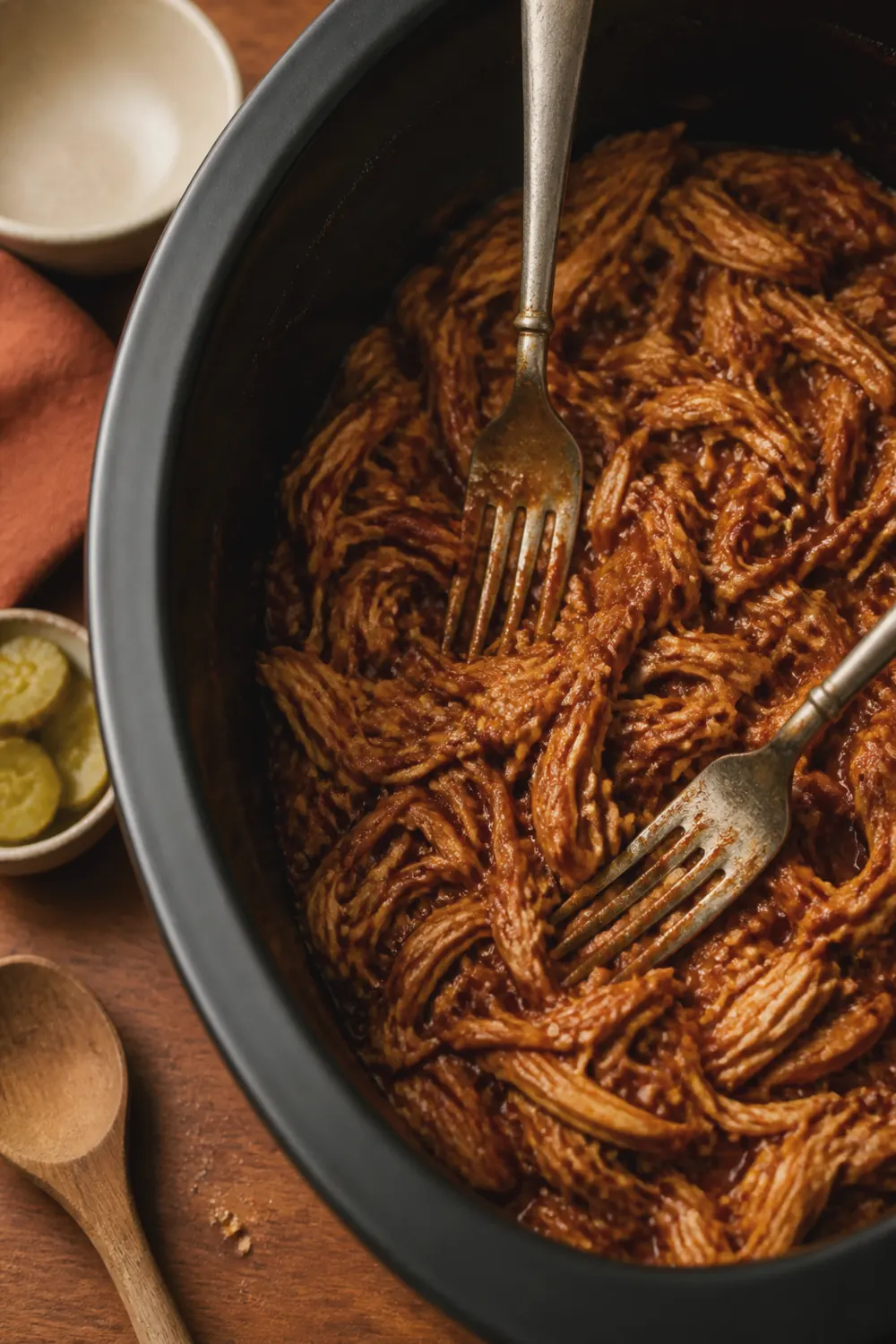 Shredded barbecue chicken tossed with fresh sauce in the slow cooker, glossy and ready to serve