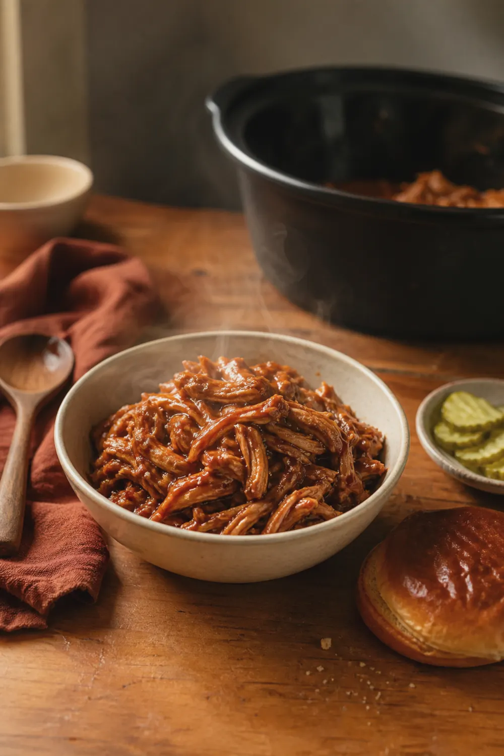 A white bowl of glossy shredded barbecue chicken piled high in tangy sauce, with a toasted brioche bun and pickles beside it on a warm wooden countertop