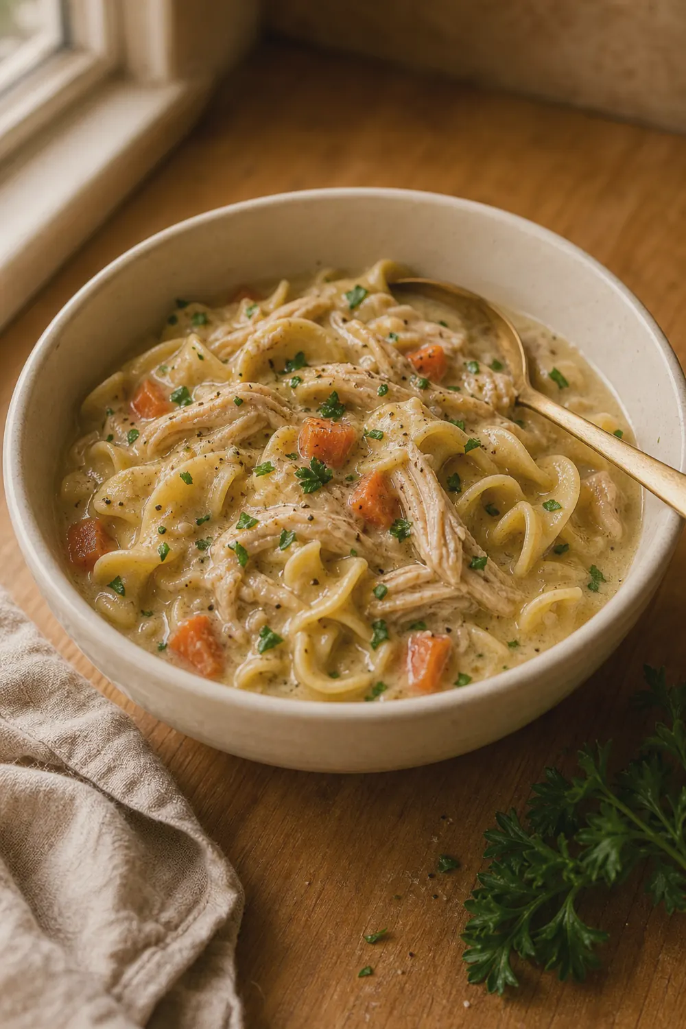 Finished creamy crockpot chicken and noodles with tender egg noodles and shredded chicken, garnished with parsley