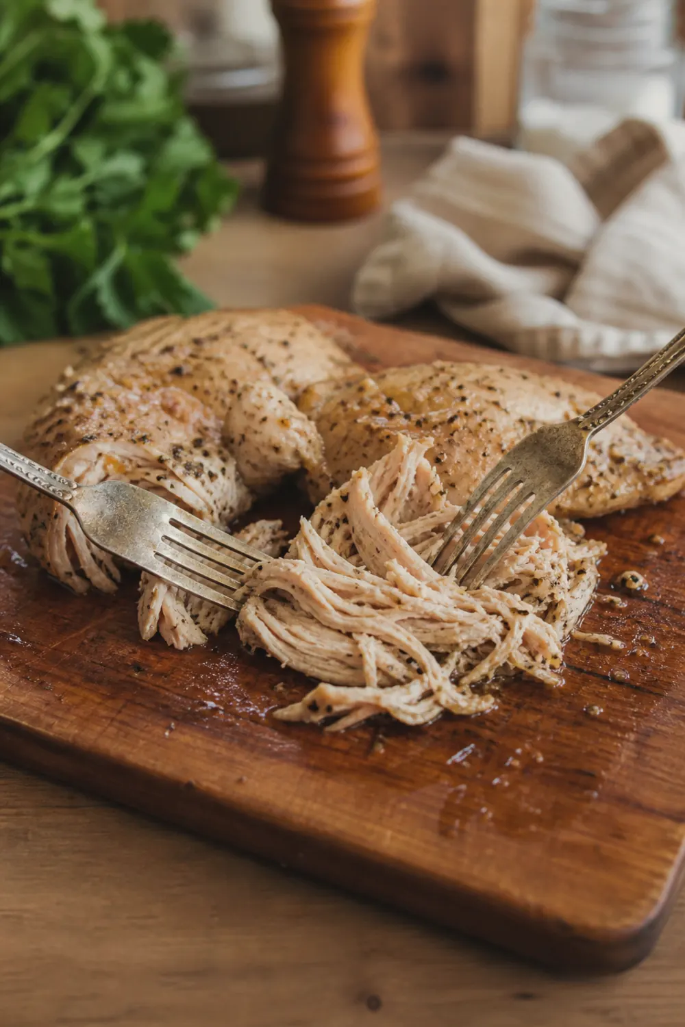 Fully cooked chicken breasts being shredded with two forks beside a slow cooker of creamy broth