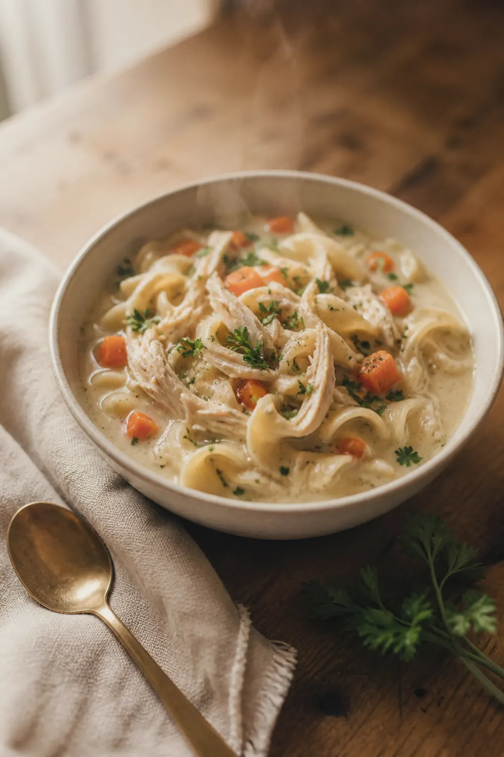 A bowl of creamy crockpot chicken and noodles with shredded chicken, wide egg noodles, and diced carrots, topped with fresh parsley on a warm-toned countertop.