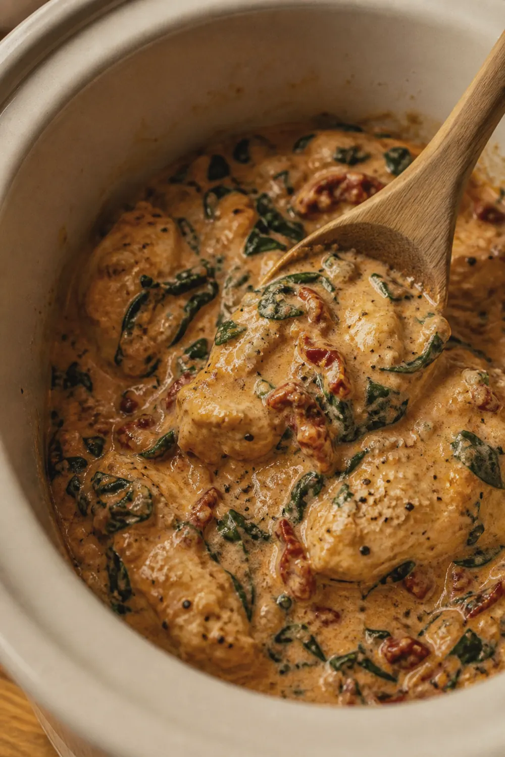 Finished creamy marry me chicken in the slow cooker with a thick sun-dried tomato parmesan sauce and wilted spinach
