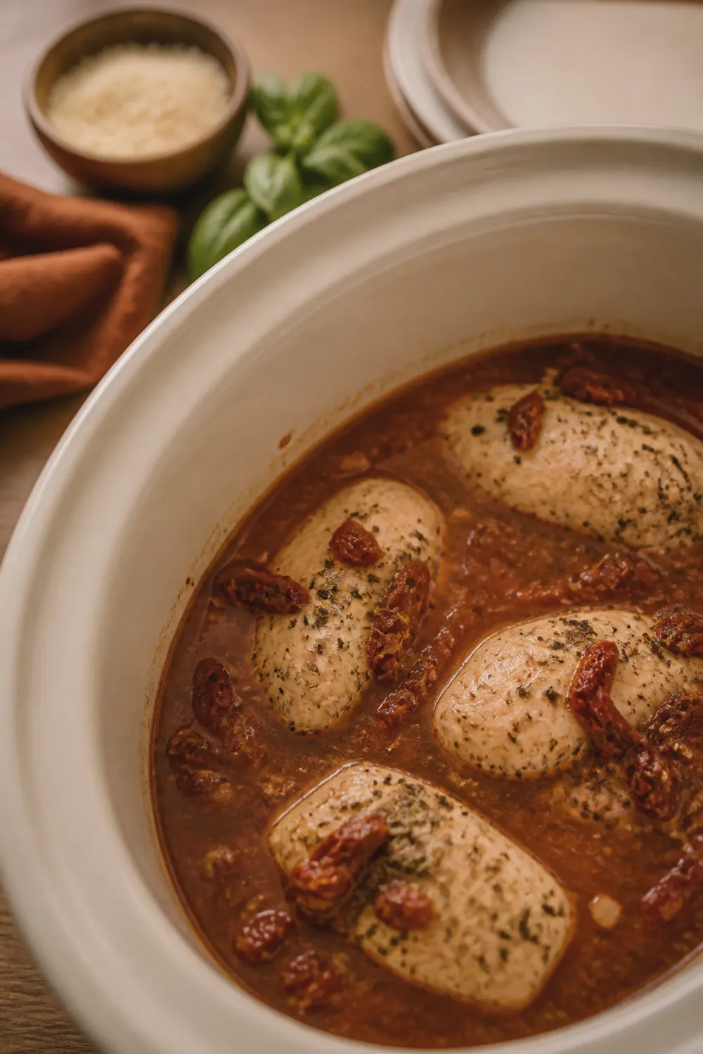 Chicken breasts partway through slow cooking in a shallow tomato broth in the crockpot