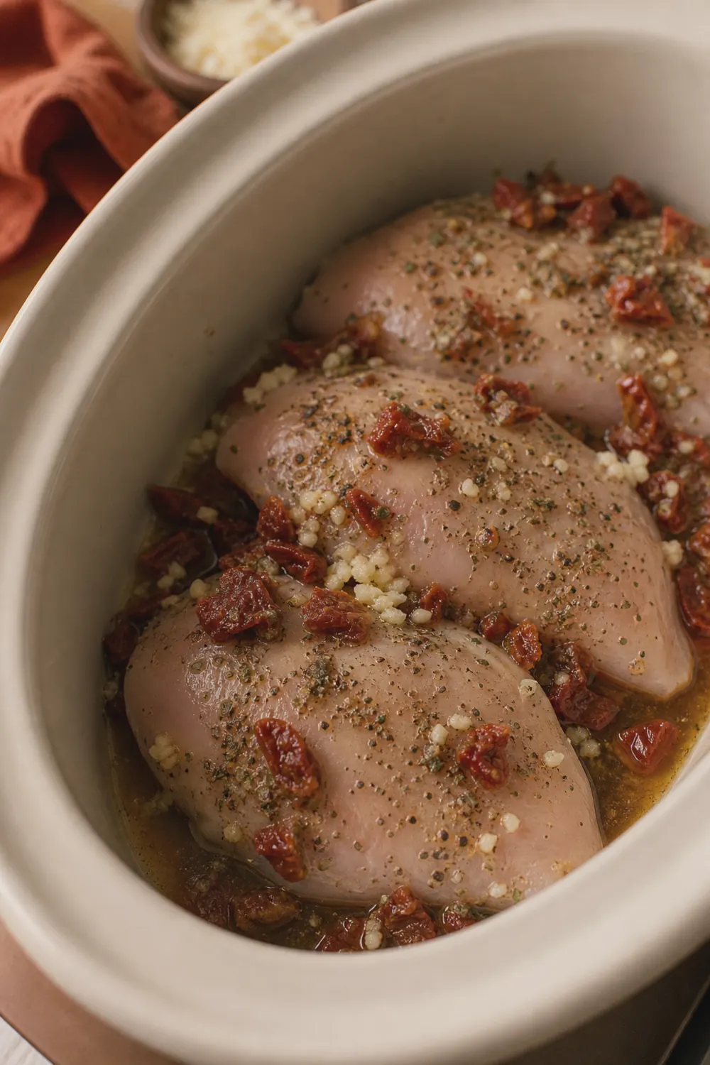 Raw seasoned chicken breasts layered in a slow cooker with sun-dried tomatoes and garlic before cooking