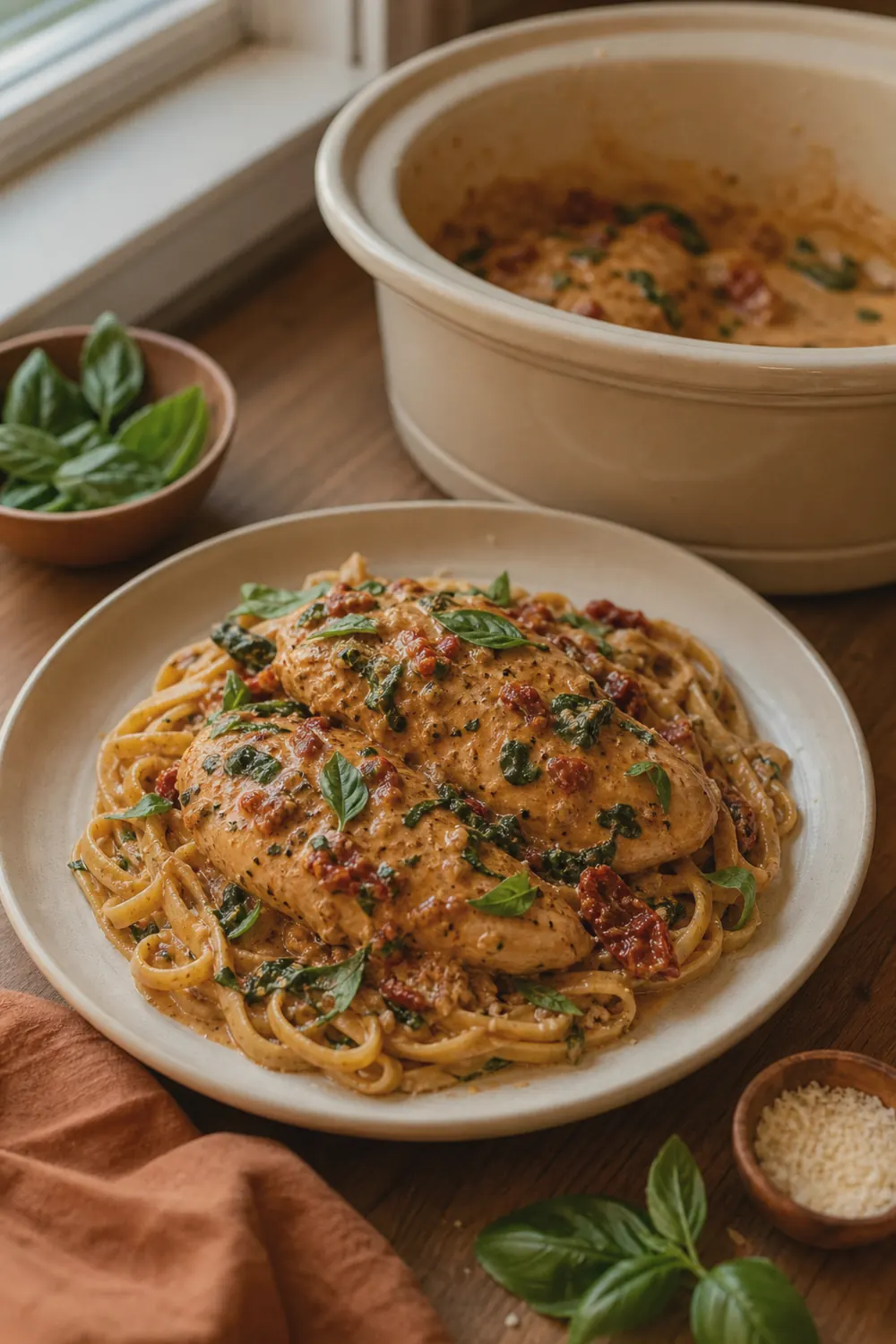 Crockpot marry me chicken breasts in a creamy sun-dried tomato parmesan sauce, garnished with fresh basil, served over pasta on a cream plate