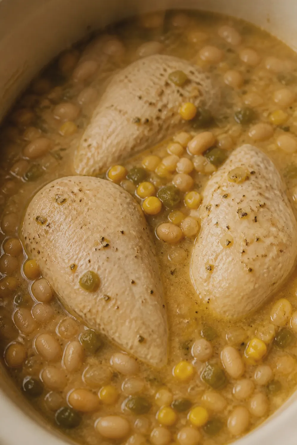 Cooked white chicken chili in the slow cooker with tender chicken breasts sitting in a bean and chile broth