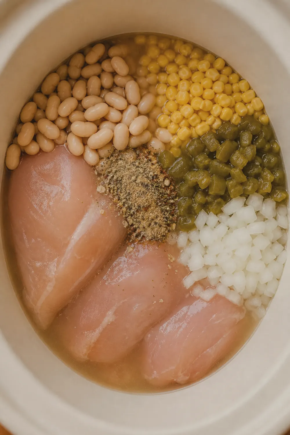 Raw chicken breasts and white beans, green chiles, corn, and spices layered in a slow cooker before cooking