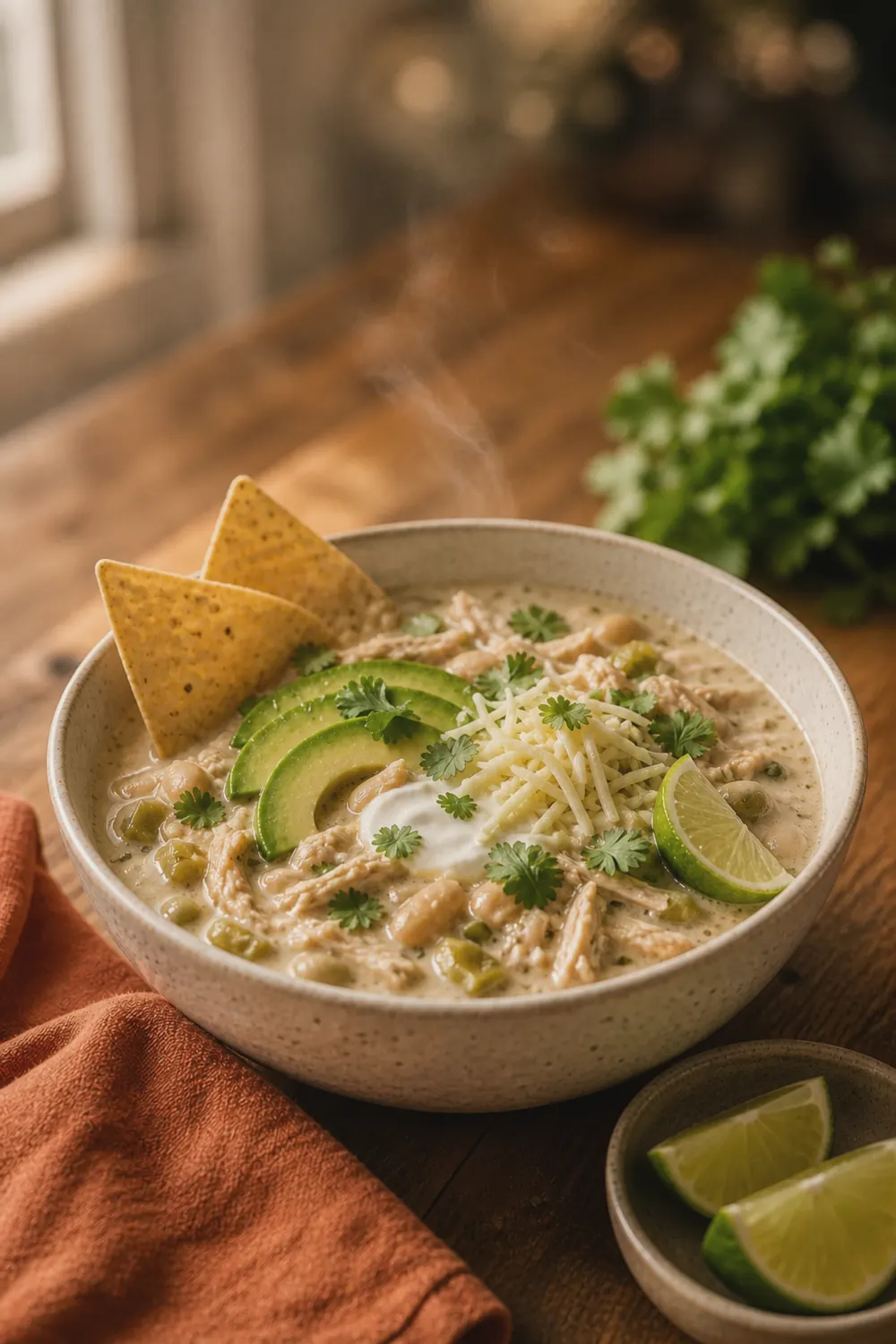 A bowl of creamy white chicken chili topped with shredded cheese, avocado slices, cilantro, and a lime wedge, with tortilla chips on the side.