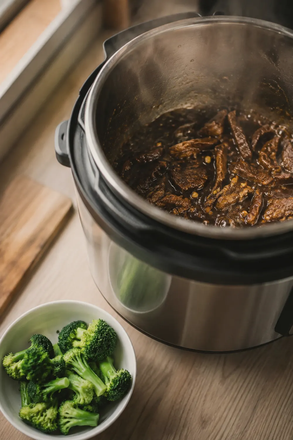 Beef strips cooking under pressure and broccoli steaming separately