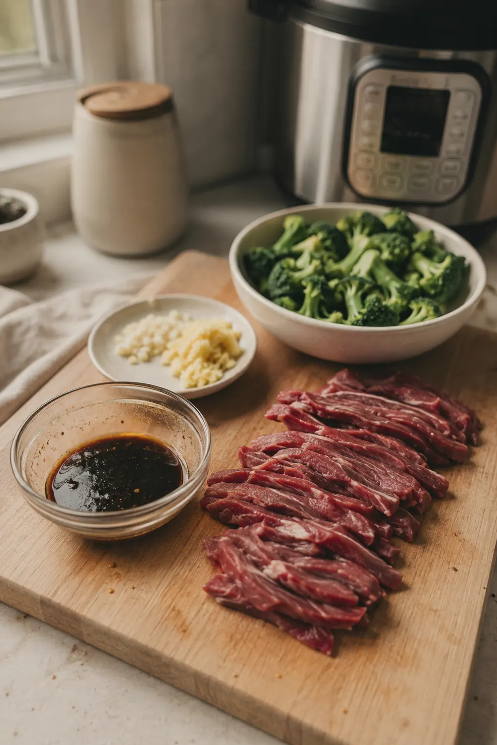 Step-by-step: slicing flank steak and sautéing aromatics in the Instant Pot