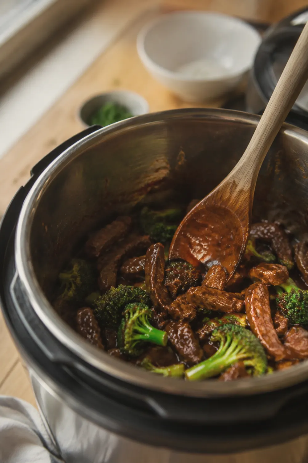 Glossy thickened sauce coating the beef strips in the Instant Pot