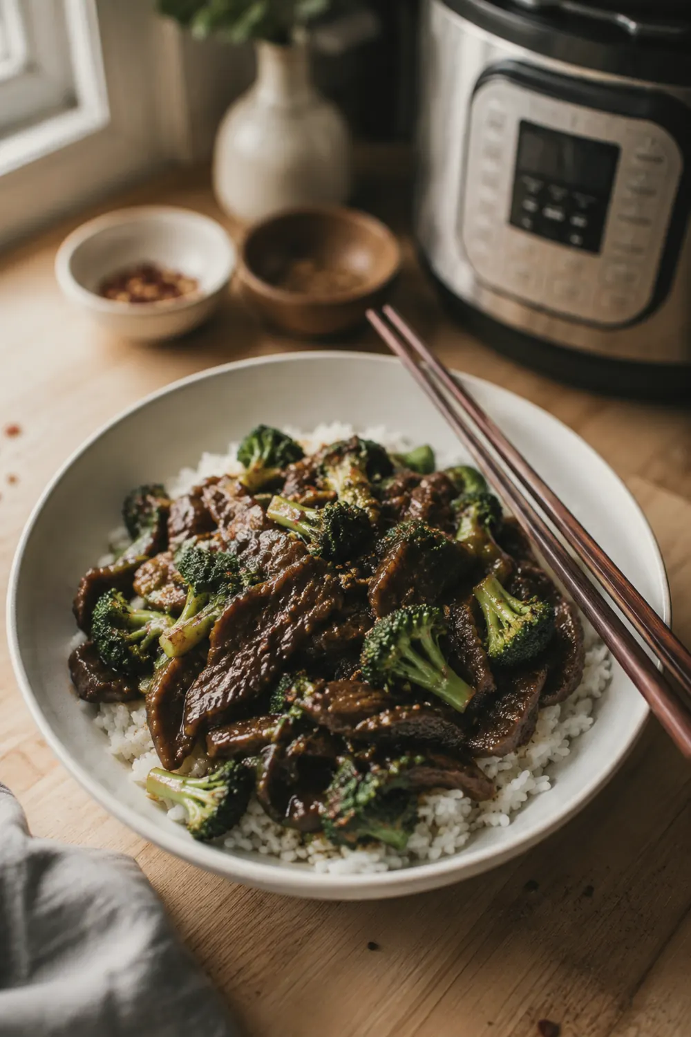 A large white bowl of instant pot beef and broccoli served over steamed white rice on a wooden table, the sauce glossy and clinging to each slice of tender beef, with bright green broccoli florets scattered throughout.