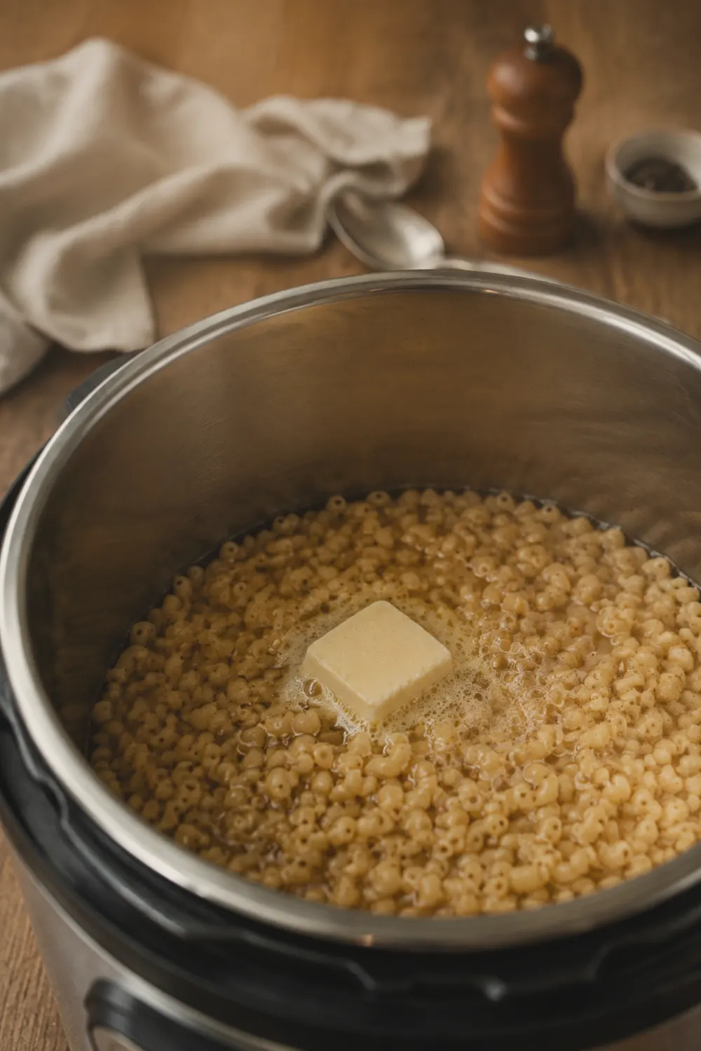 Dry elbow macaroni and butter in an Instant Pot inner pot with water, ready to be sealed for pressure cooking