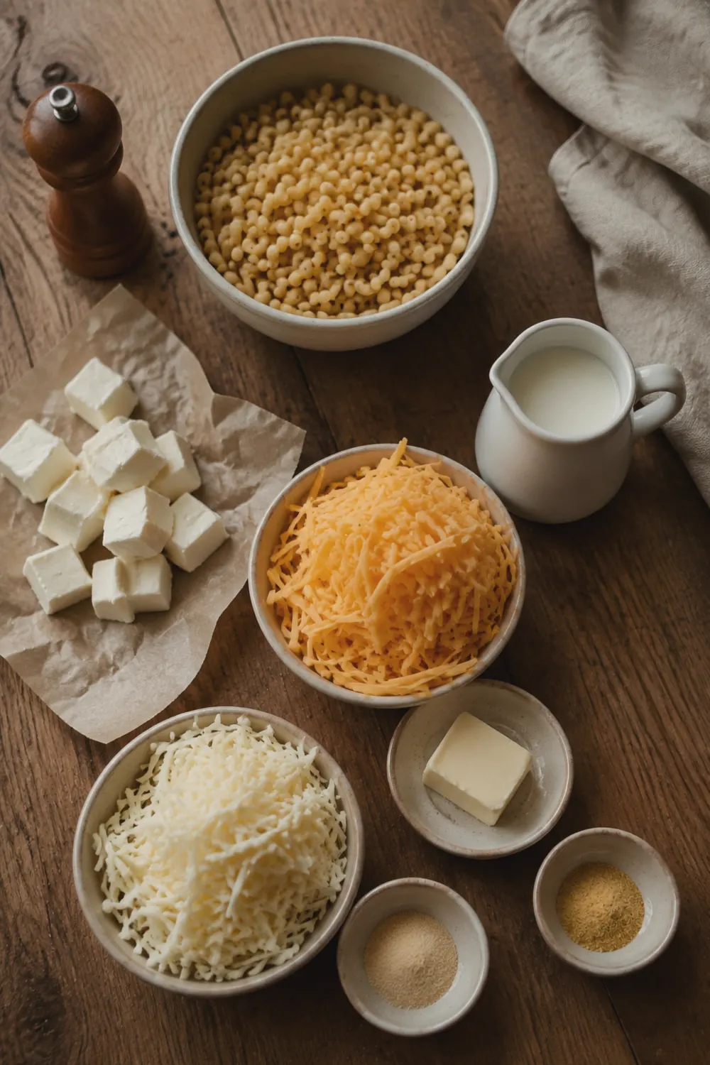 A bowl of uncooked elbow macaroni next to cubed cream cheese and shredded cheddar on a wooden cutting board