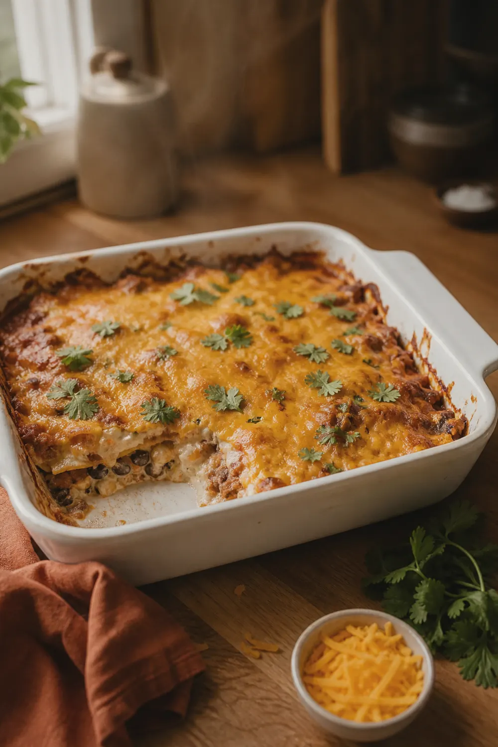 The finished King Ranch chicken casserole out of the oven with golden bubbling cheese, one corner scooped to show the layers