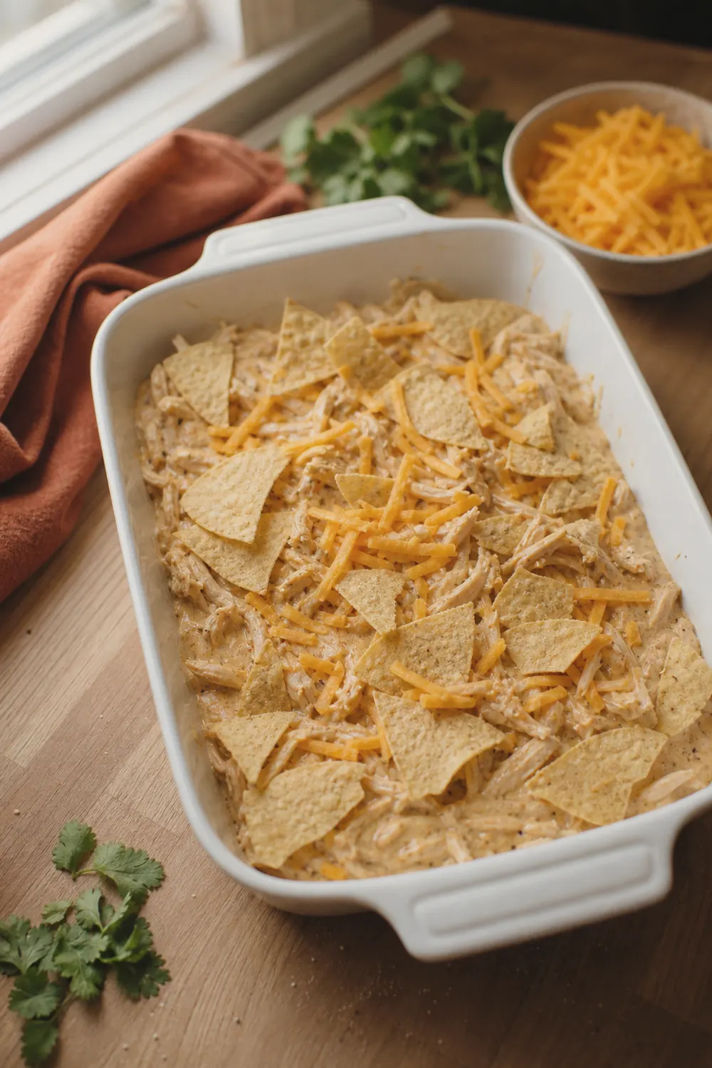 A glass baking dish being layered with torn corn tortillas, creamy chicken sauce, and shredded cheddar, mid-assembly